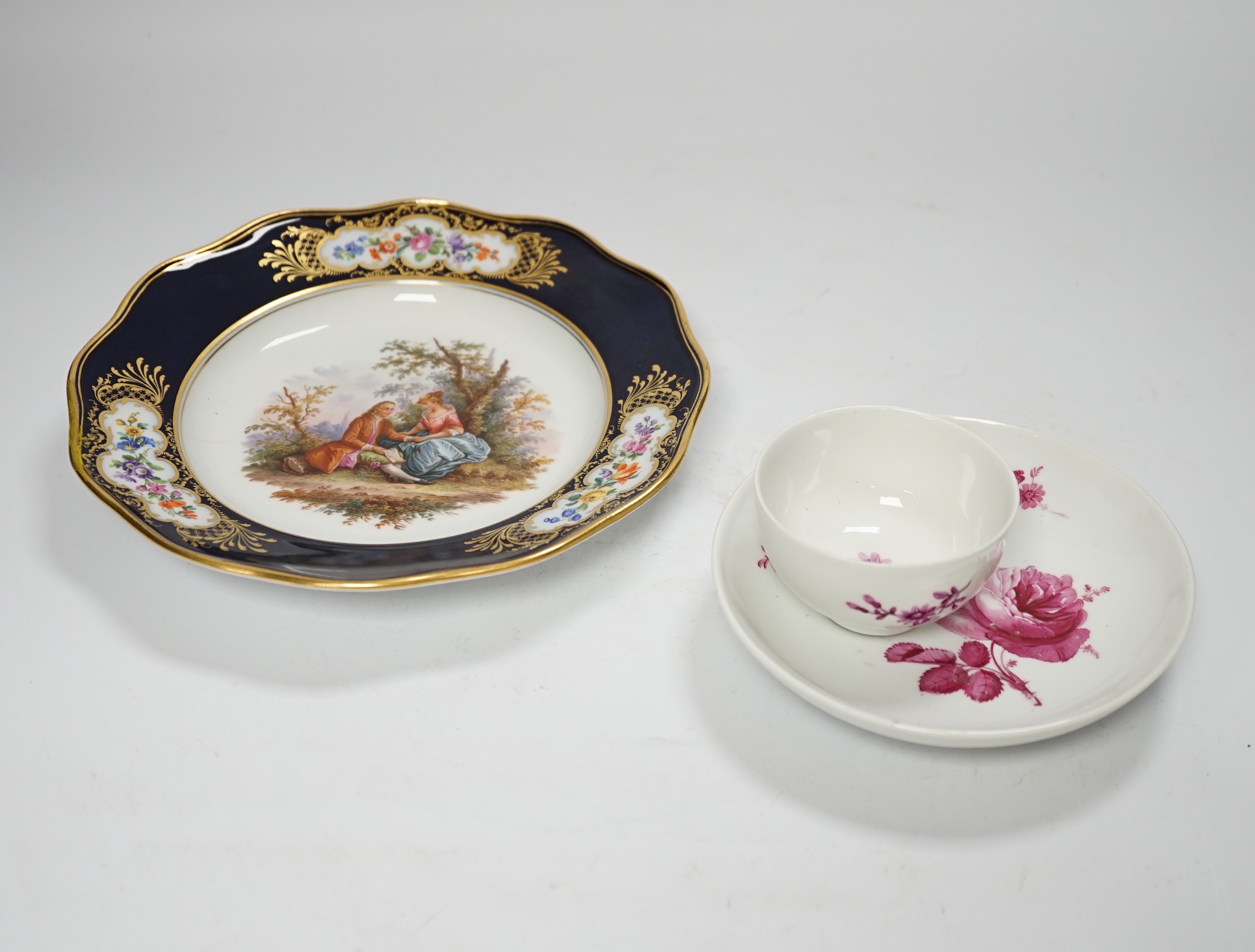 A 19th century Meissen plate and a late 18th century Meissen tea bowl and associated saucer, plate 20cm